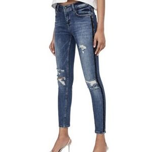 Zara Beaded Side Strip Distressed Cropped Skinny Leg Jeans Size 12 Blue Denim